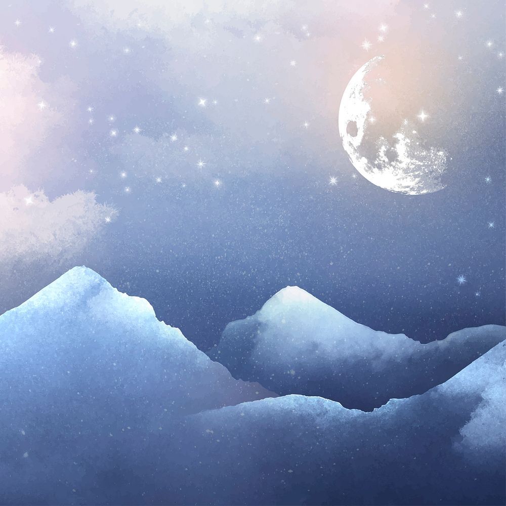 Winter full moon background, blue watercolor sky illustration vector