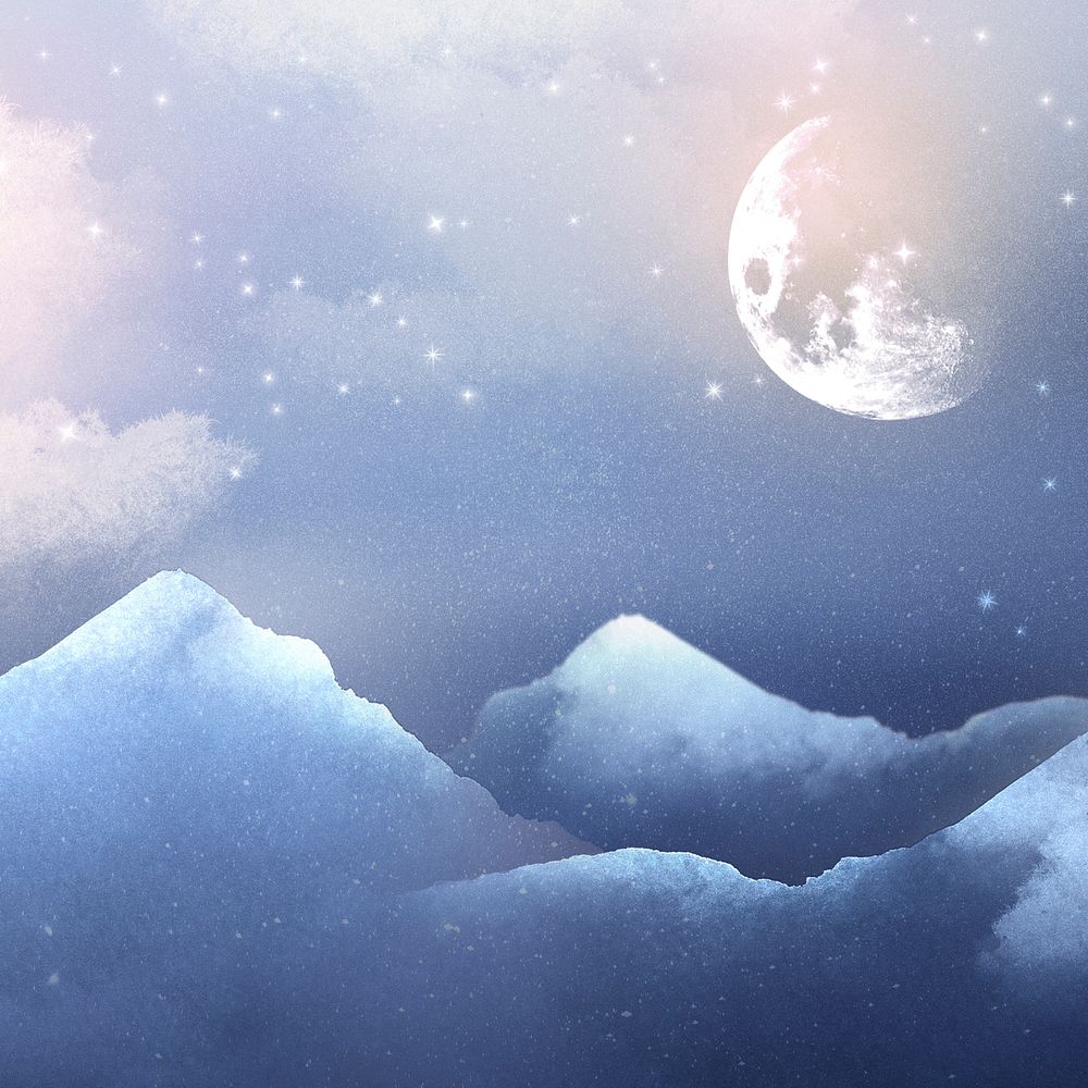 Winter full moon background, blue watercolor sky illustration