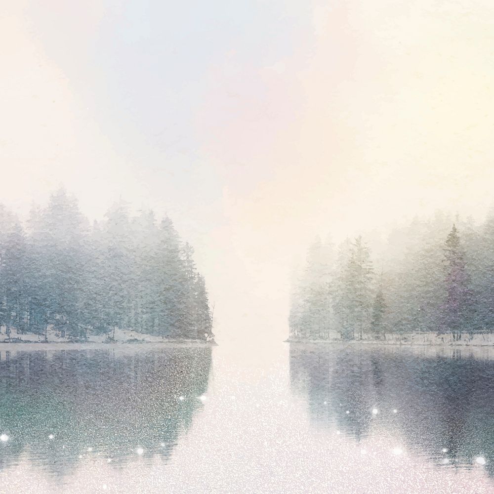 Lake forest landscape background, watercolor nature illustration vector