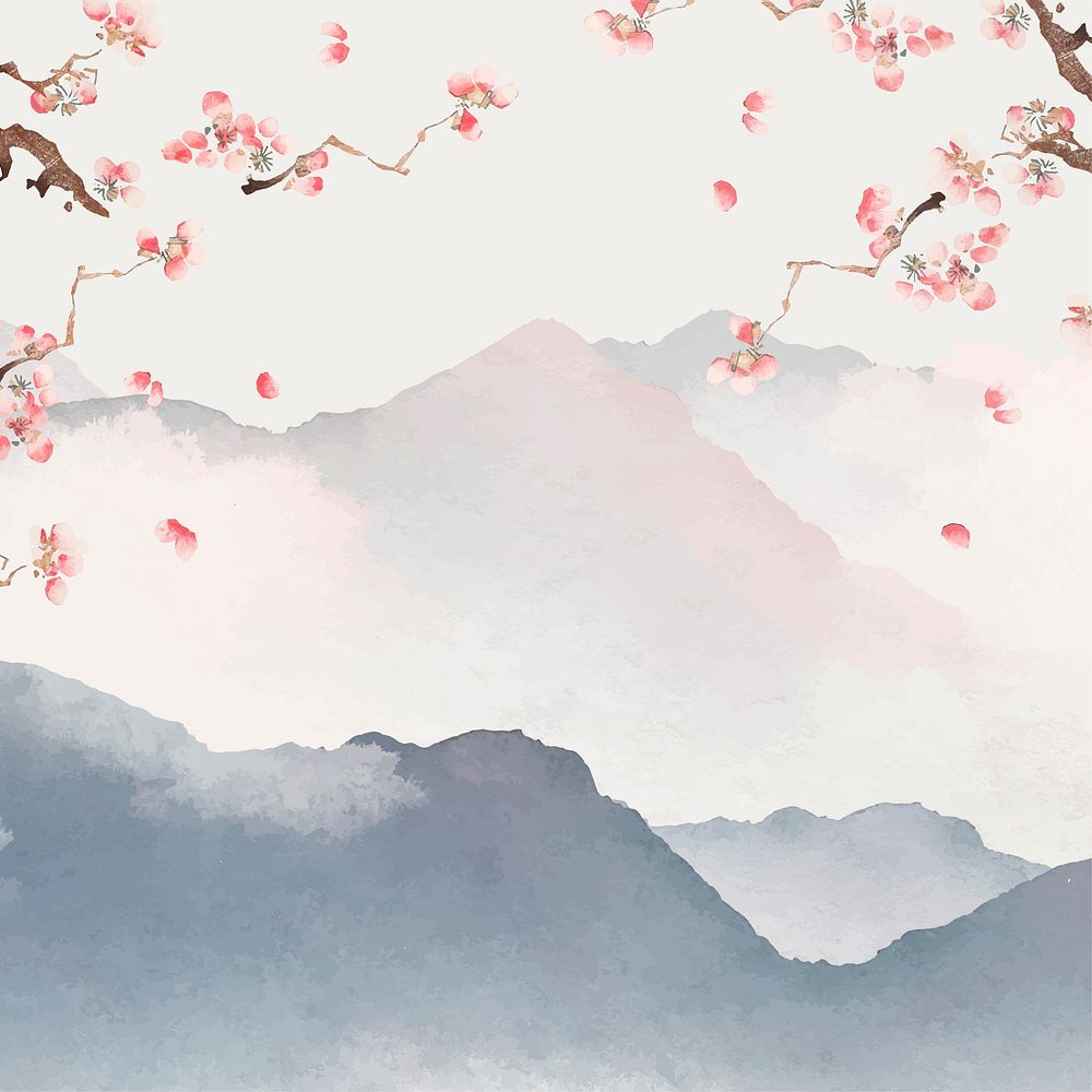 Japanese floral background, watercolor mountain landscape illustration vector