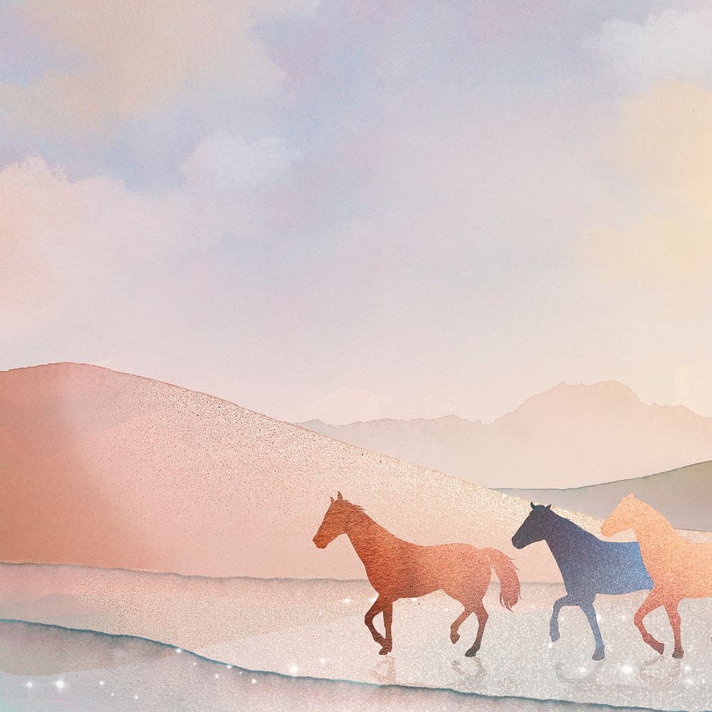 Watercolor horse, nature background, beach aesthetic design psd