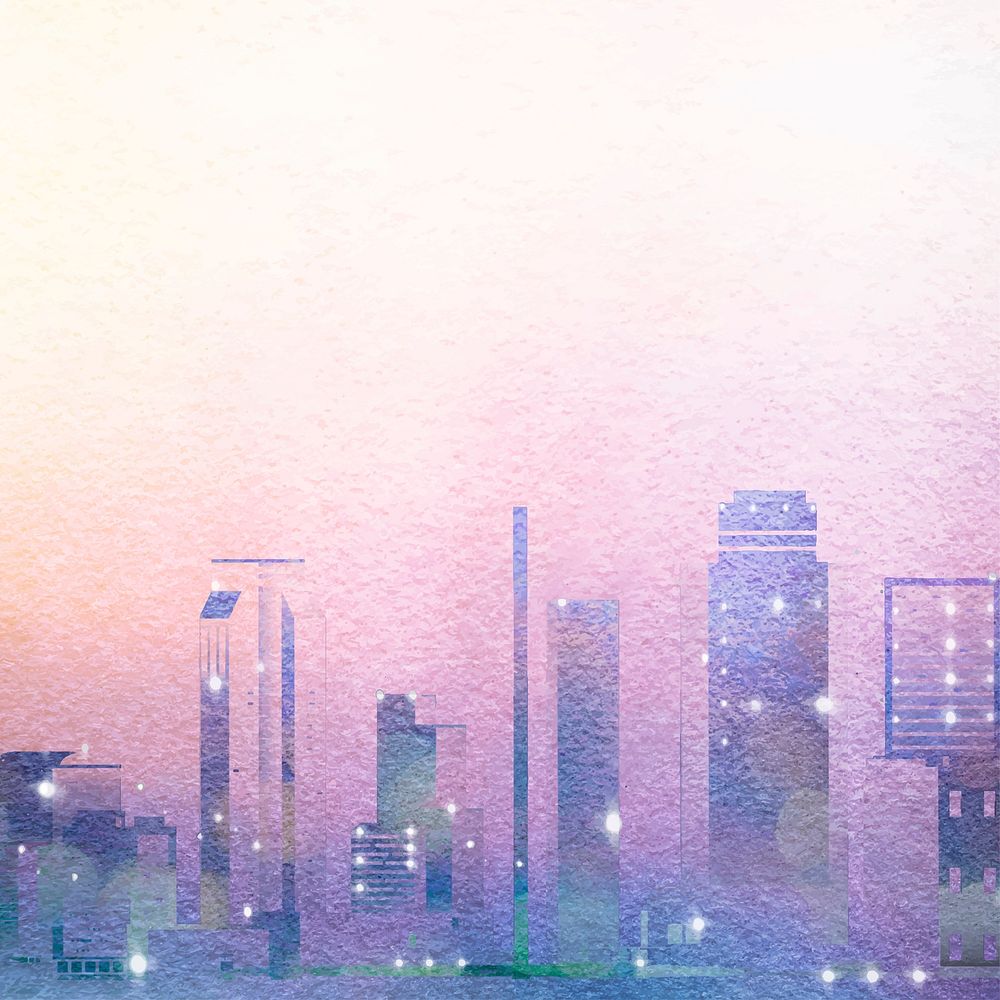 Purple skyline background, watercolor city border vector