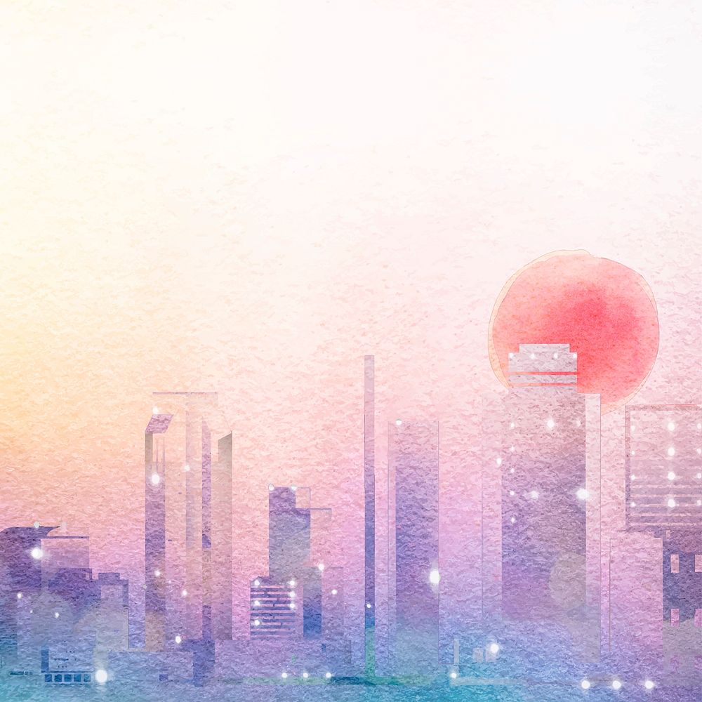 Aesthetic city background, watercolor sunset border vector