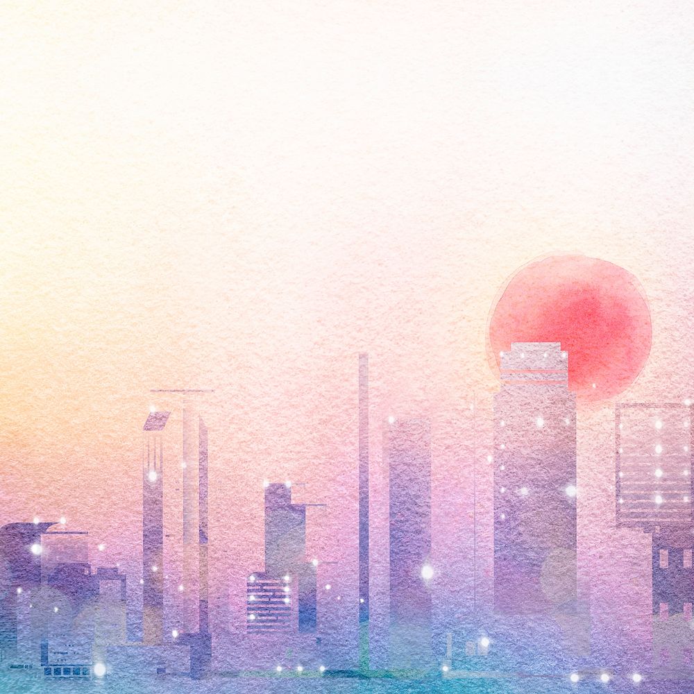 City sunset background, watercolor aesthetic border psd