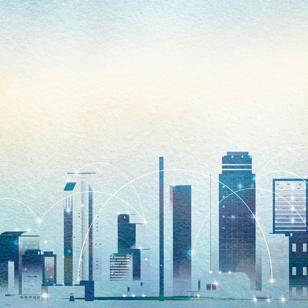 Blue city watercolor background, aesthetic buildings border