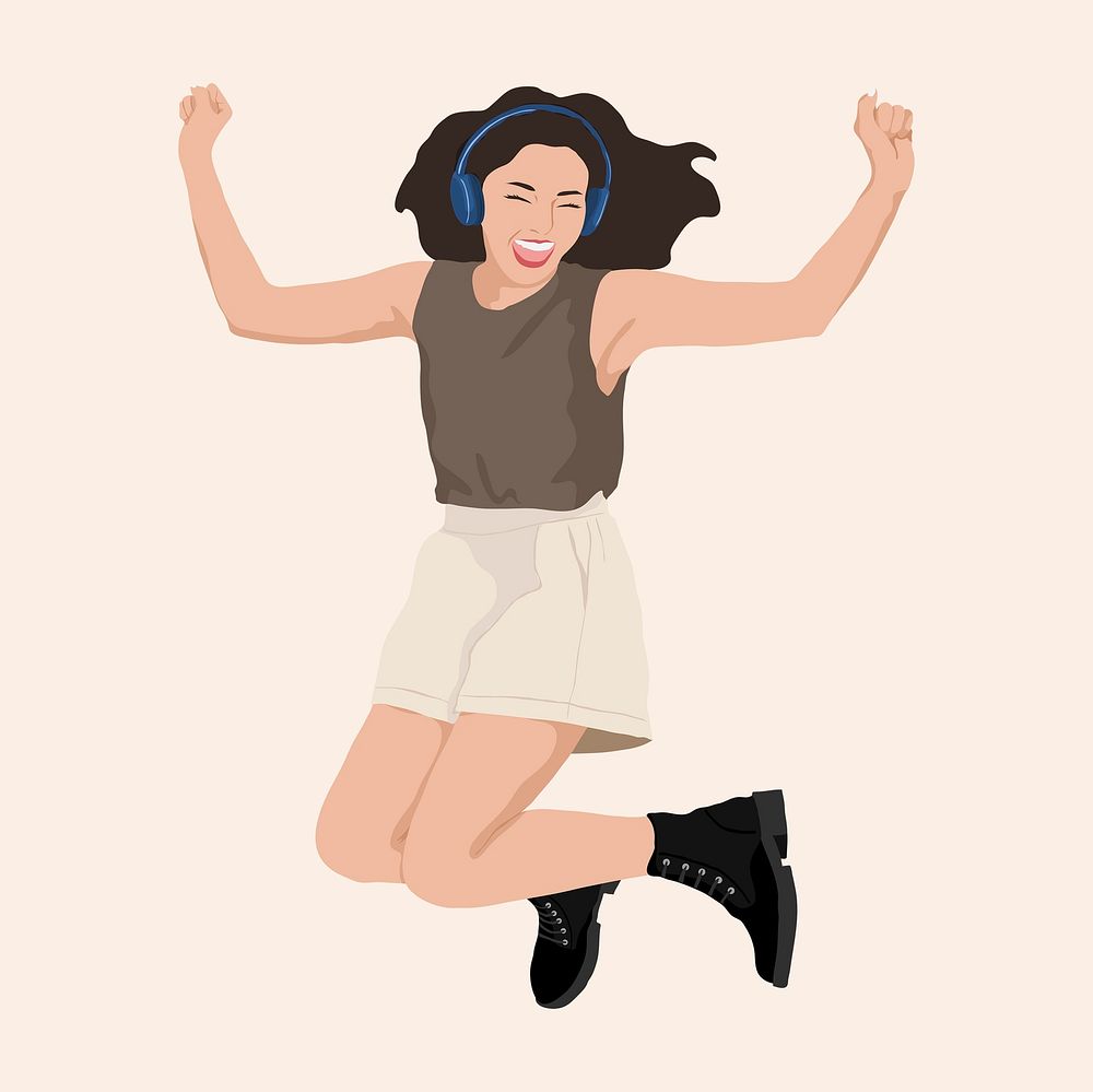Happy woman jumping clipart, aesthetic illustration