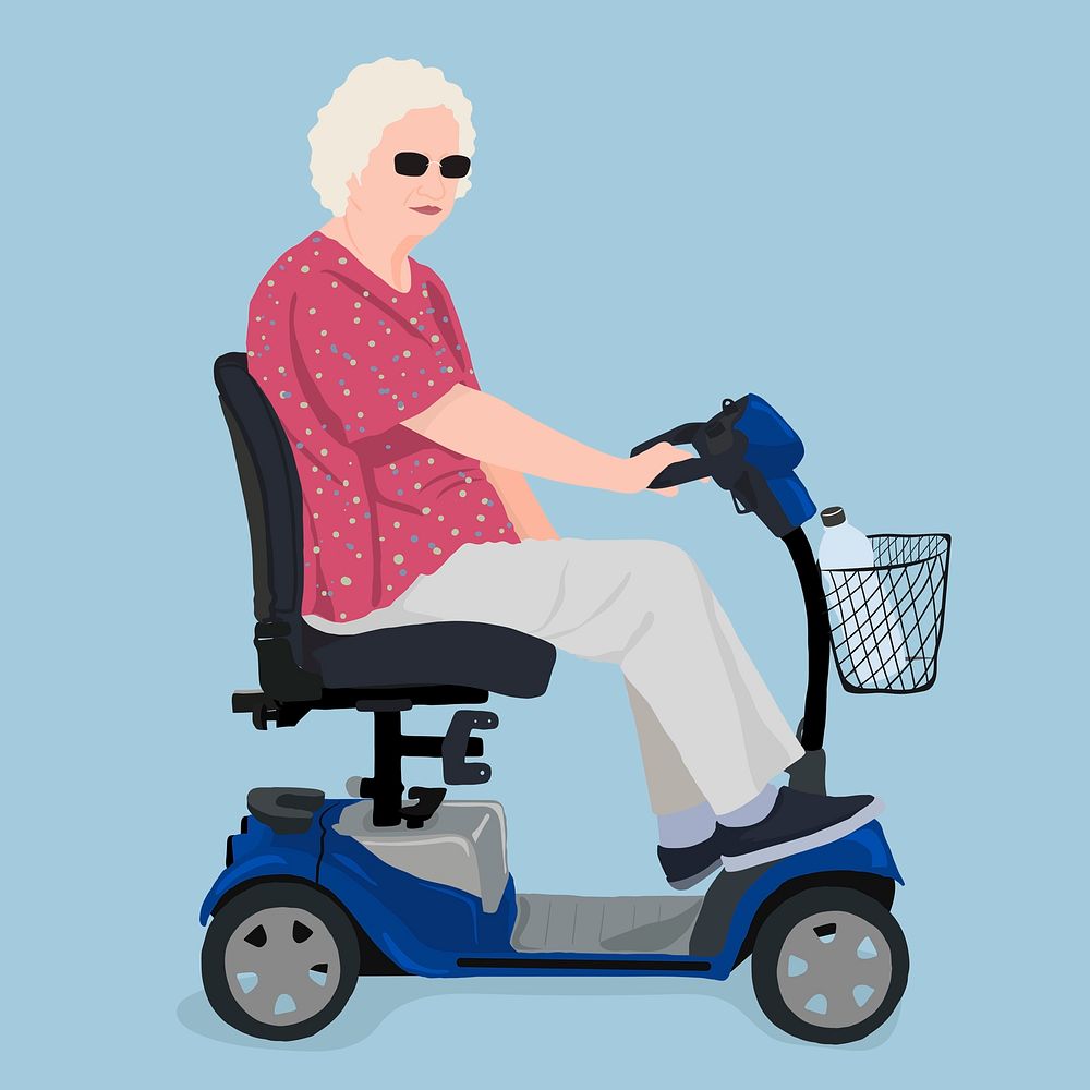 Senior woman on scooter collage element, aesthetic illustration psd