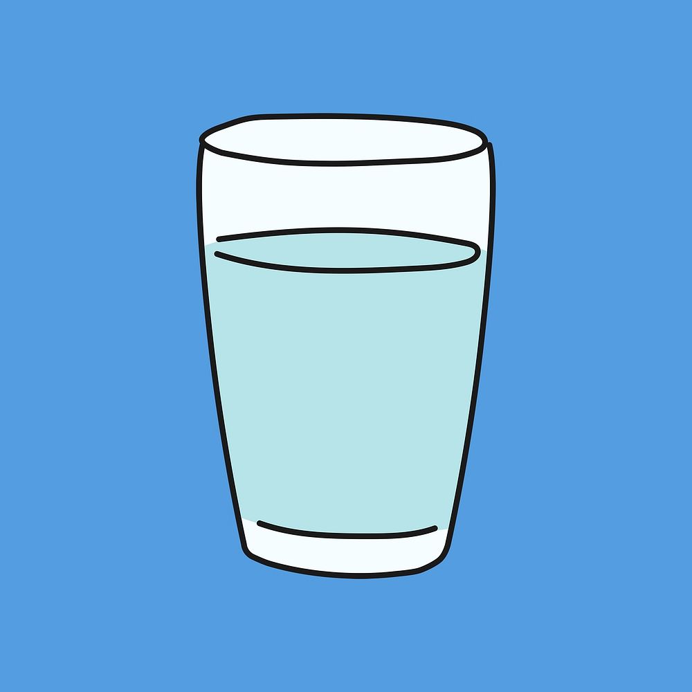 Glass of water doodle sticker, beverage illustration psd