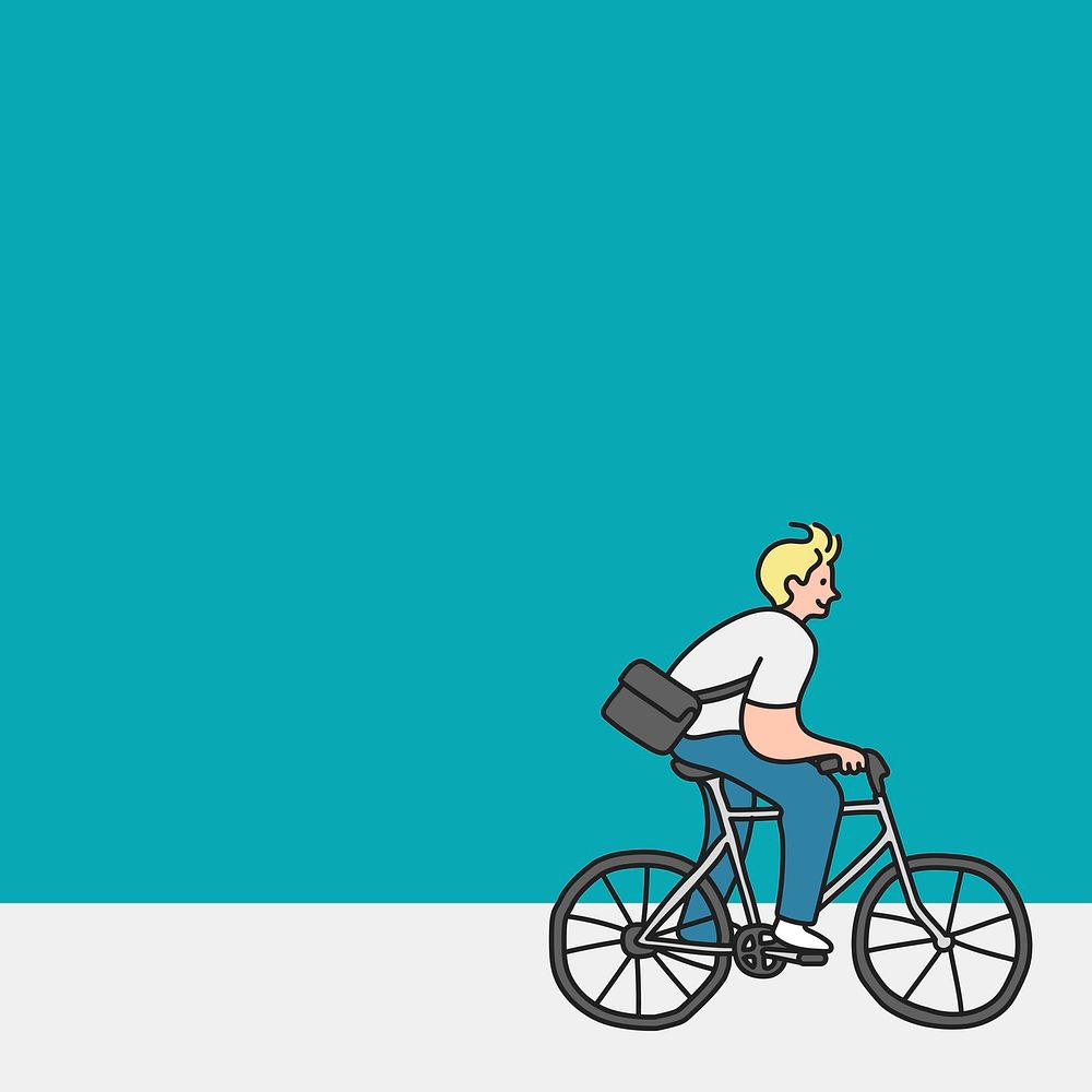 Blue sustainable lifestyle background, man riding bike to work cartoon
