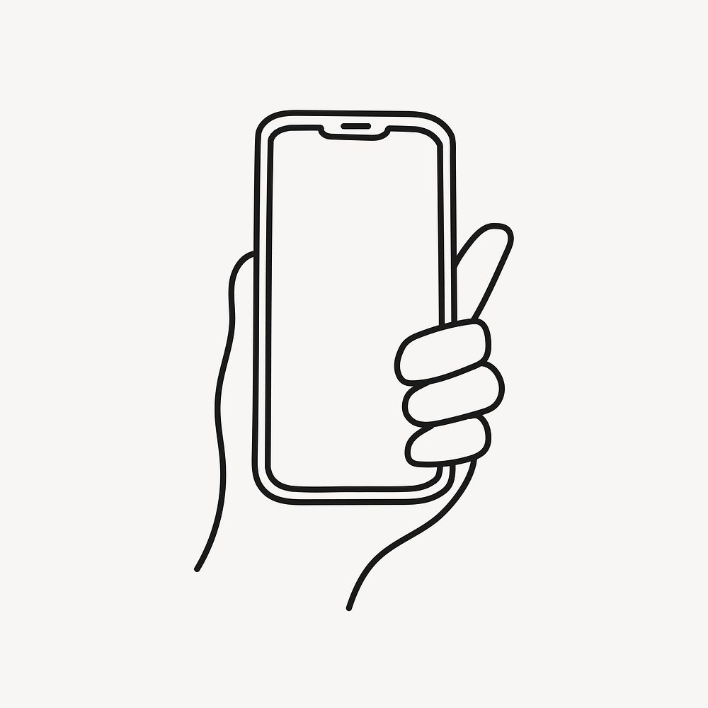 Hand holding phone doodle drawing, digital device line art illustration