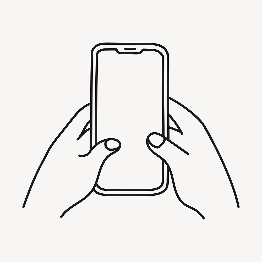 Hand holding phone doodle drawing, digital device line art illustration