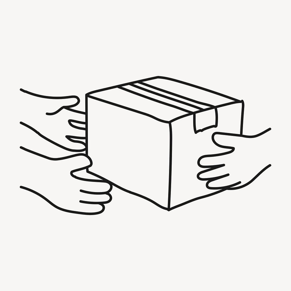 Parcel delivery hands sticker, online shopping doodle line art psd