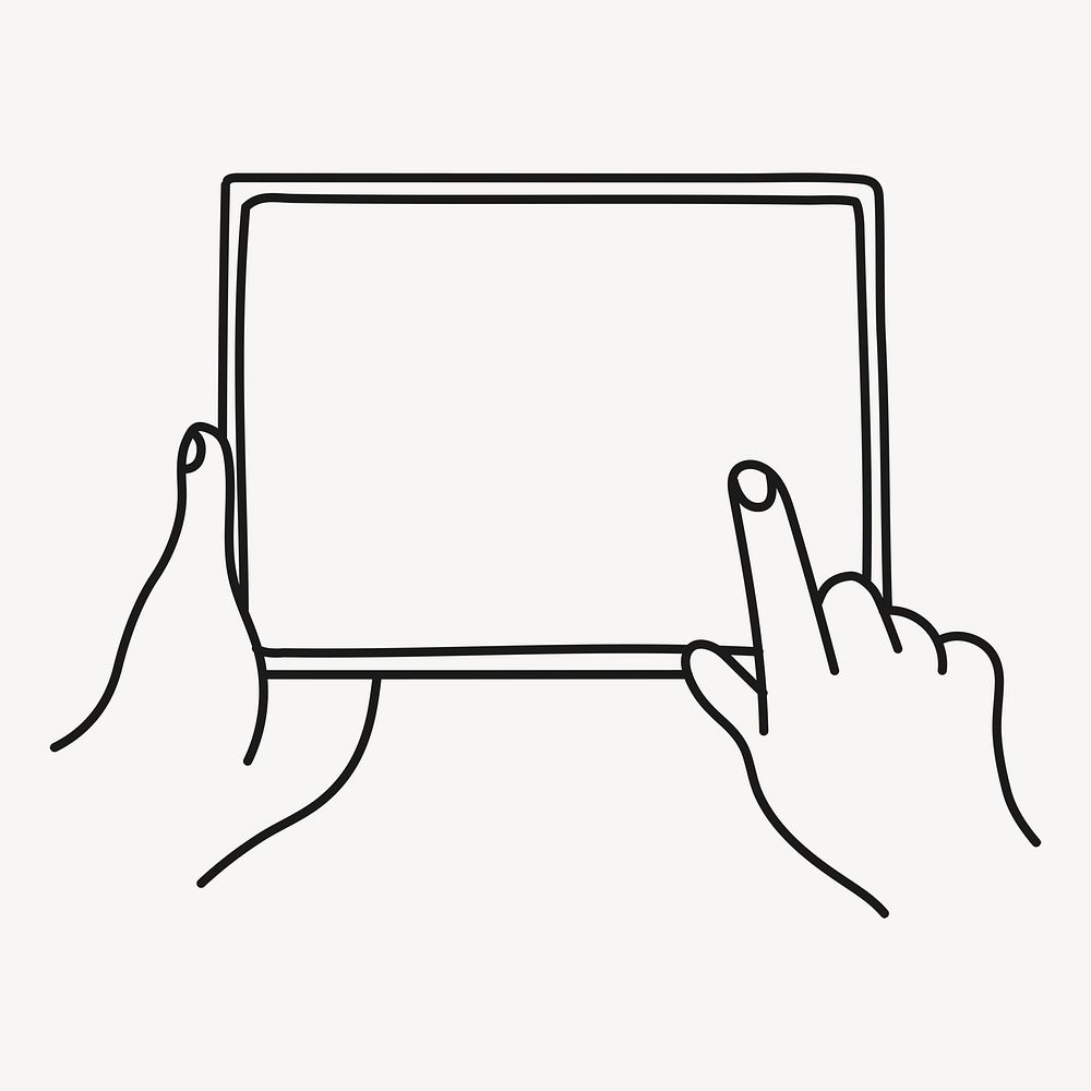 Hand using tablet sticker, digital device doodle line art psd