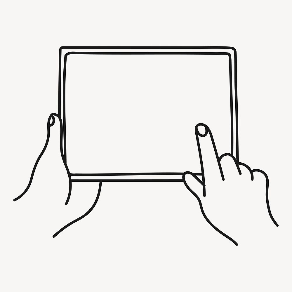 Hand using tablet clipart, digital device line art doodle vector