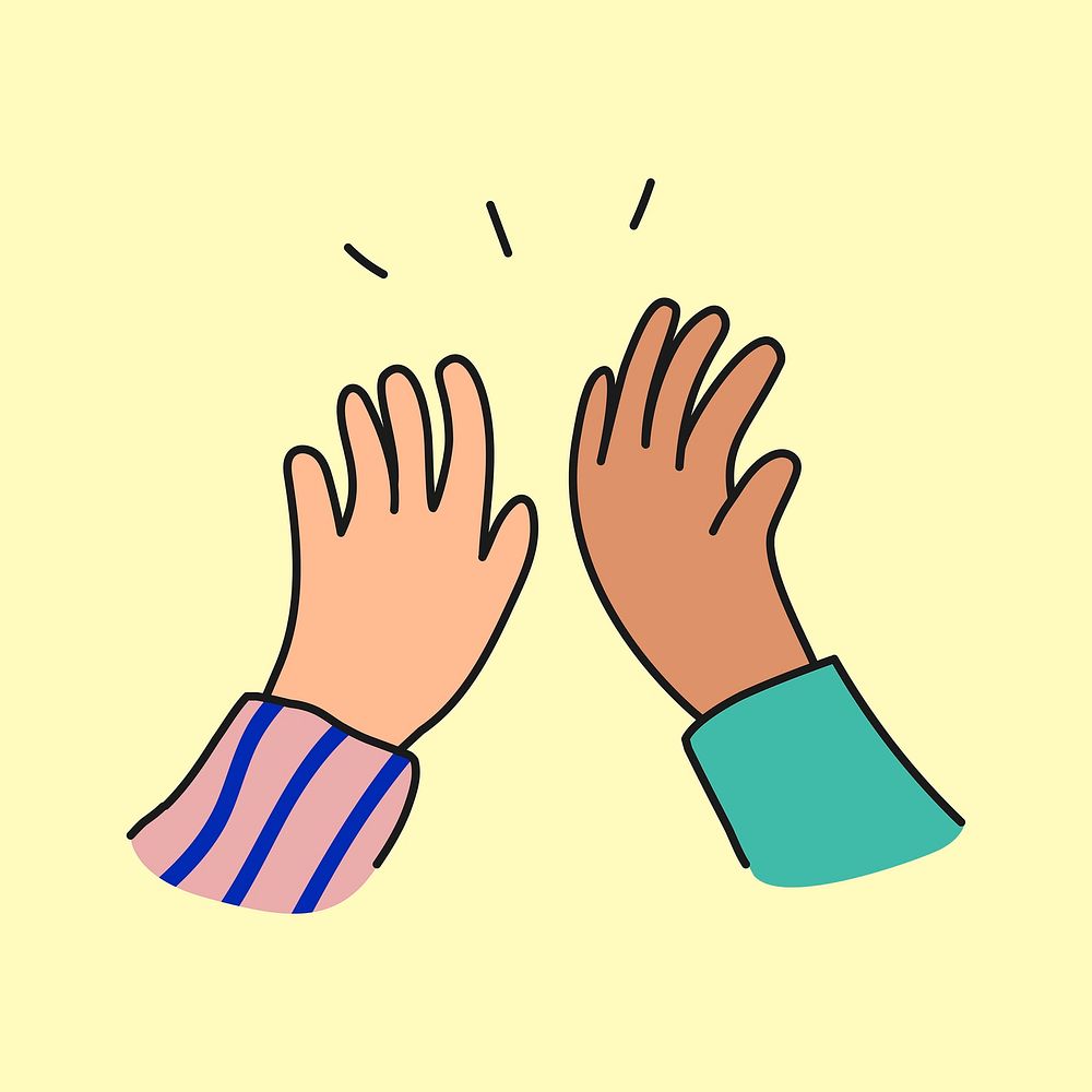 Diverse hands high five clipart, celebration cute doodle vector