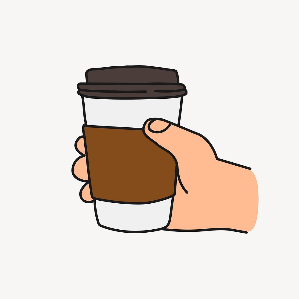 Hand holding coffee cup doodle, cute beverage illustration psd