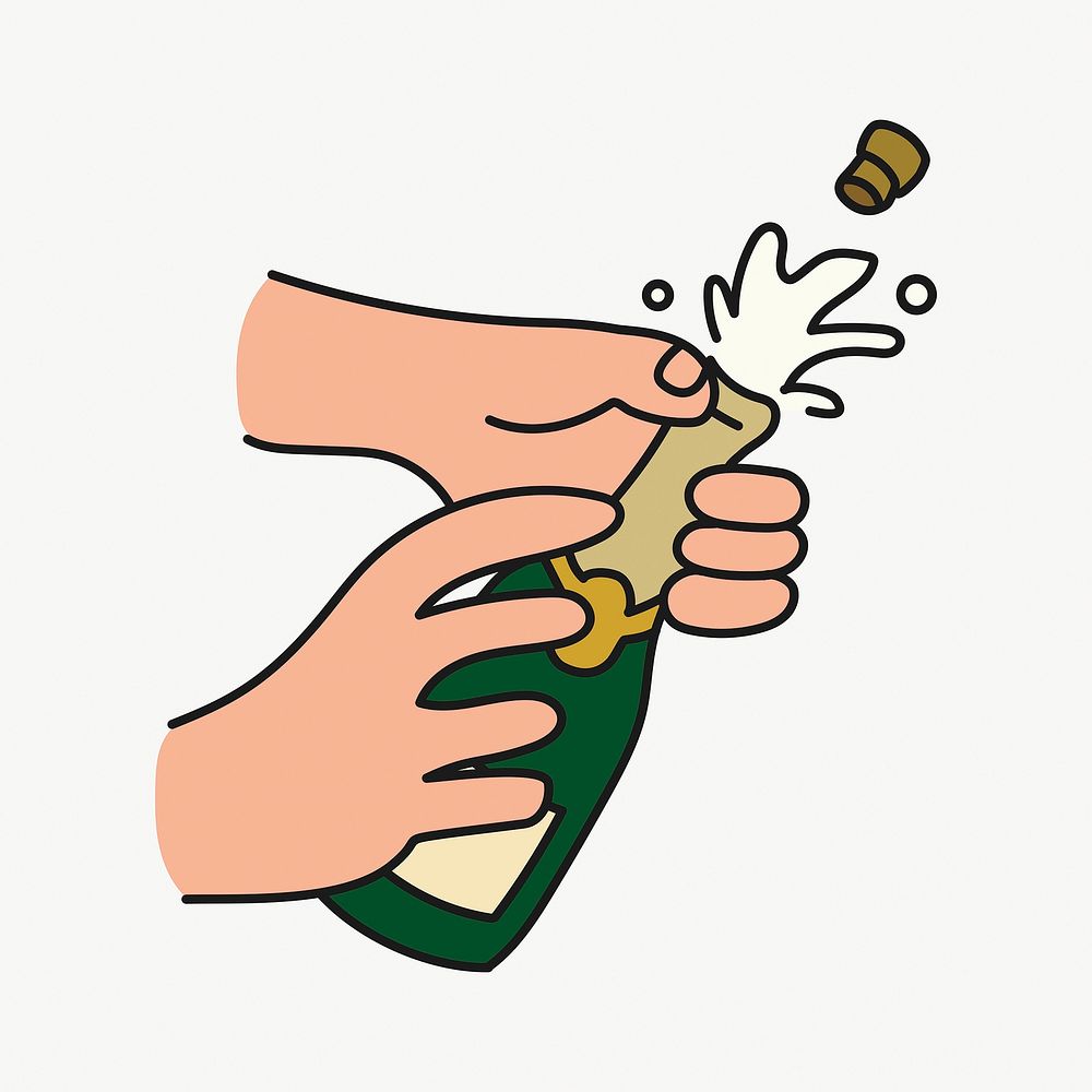 Popping champagne doodle sticker, celebration beverage illustration vector