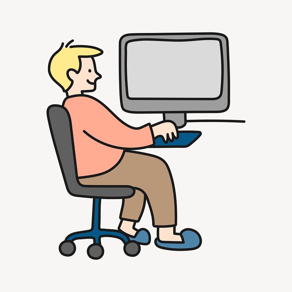 Man working on computer sticker, job creative cartoon doodle psd