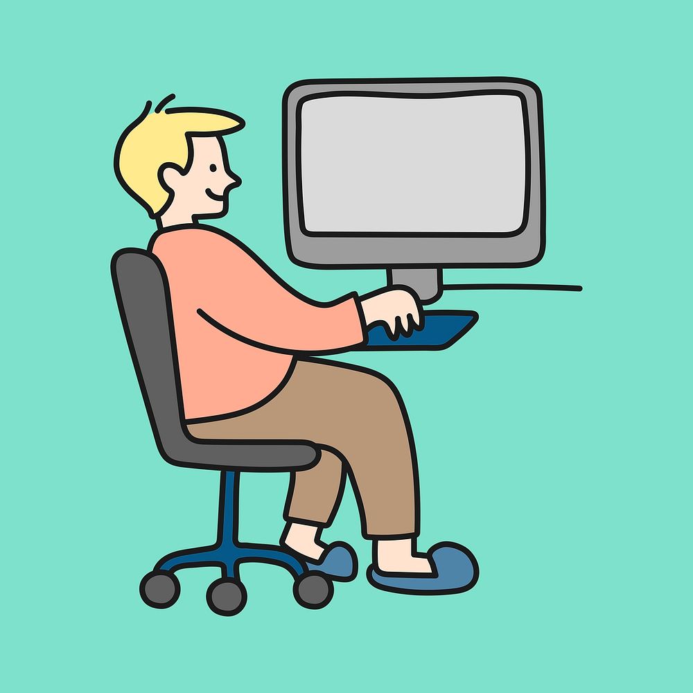 Man working on computer sticker, job creative cartoon doodle psd