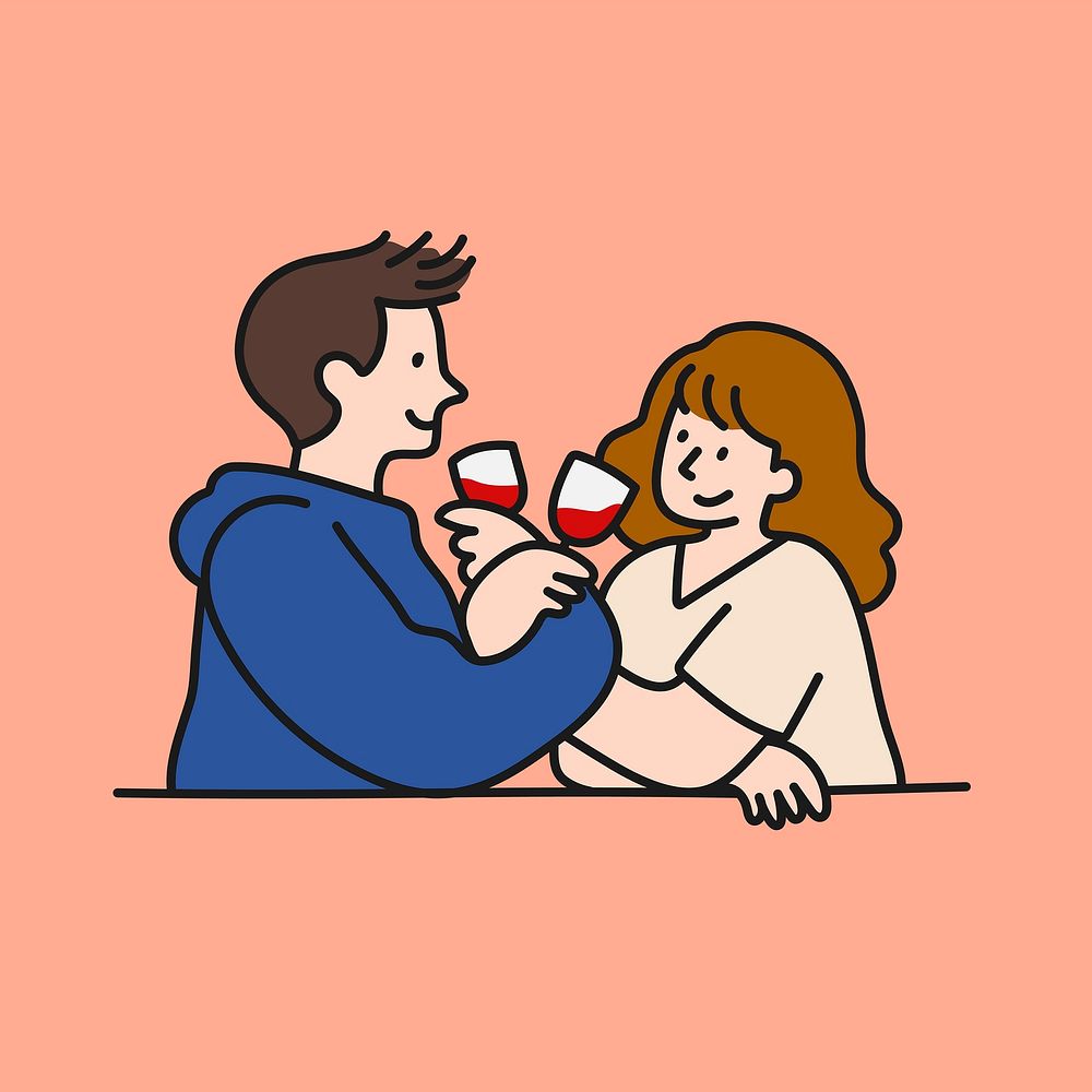 Couple drinking wine doodle clipart, Valentine's celebration cartoon character illustration