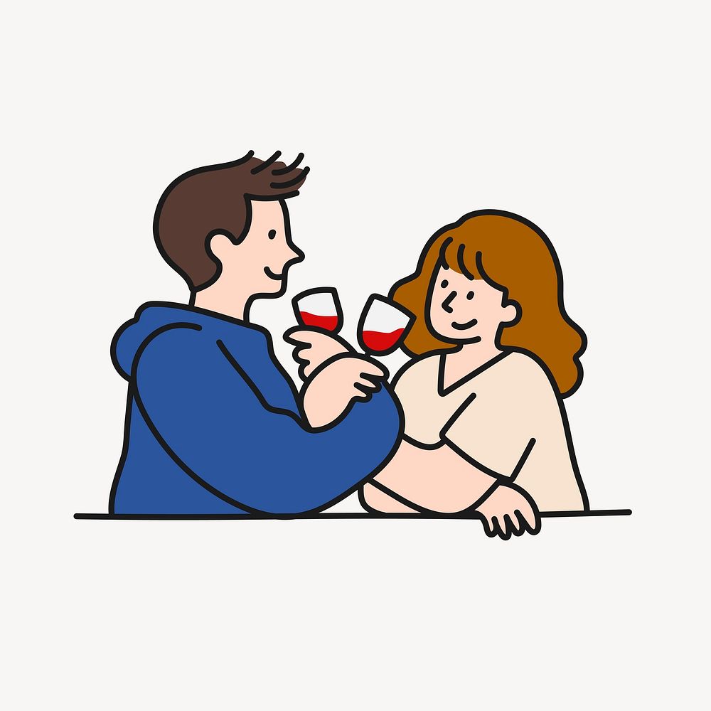 Couple drinking wine cartoon sticker, Valentine's celebration colorful doodle vector