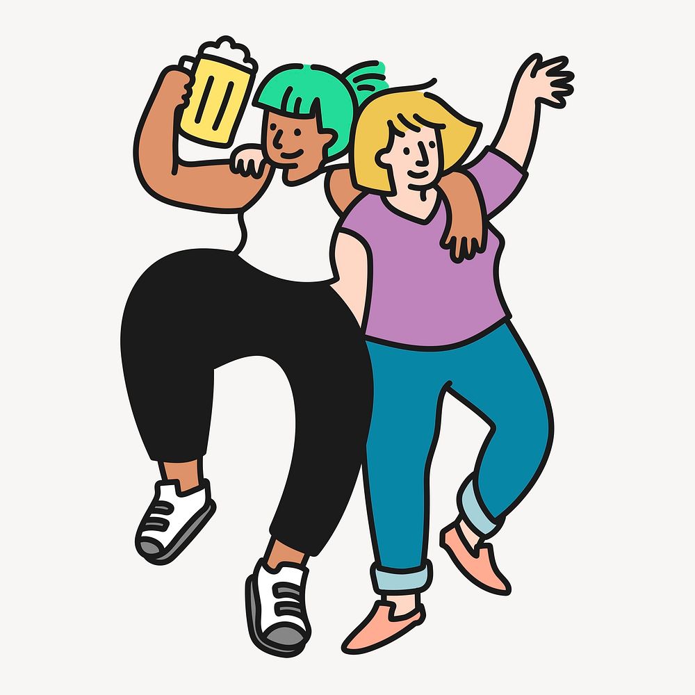 Friends partying cartoon sticker, celebration creative doodle psd