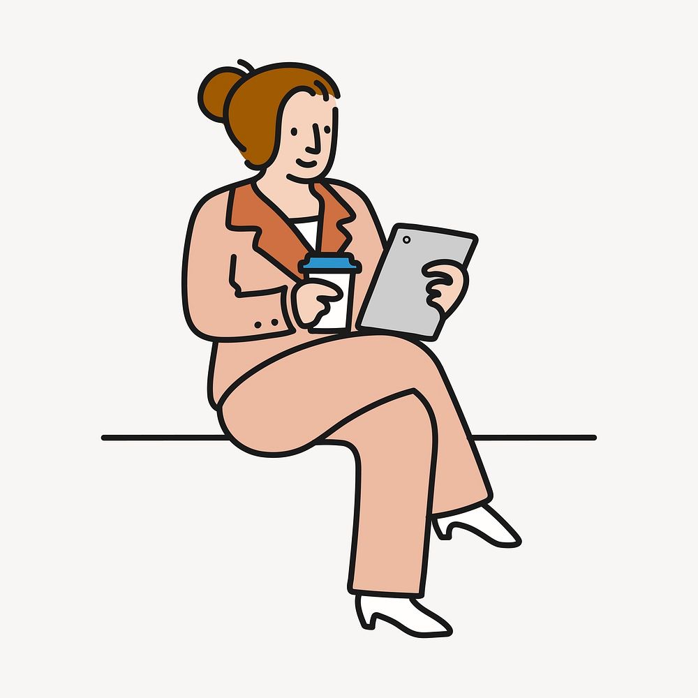 Woman holding tablet doodle clipart, morning routine cartoon character illustration