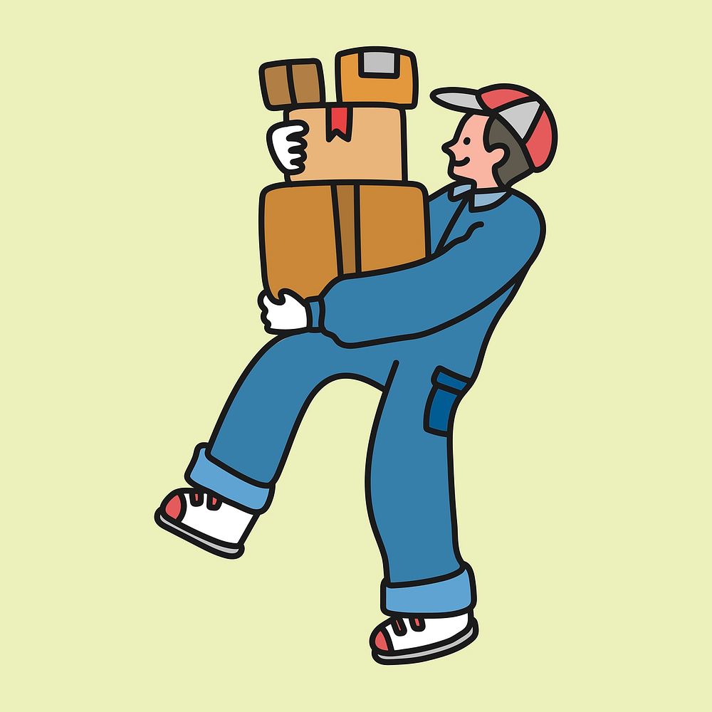 Package delivery man cartoon clipart, logistics job creative, colorful illustration