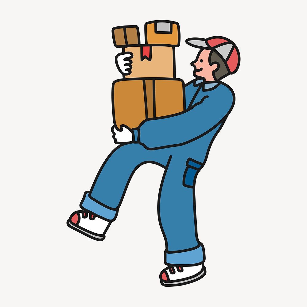 Package delivery man cartoon clipart, logistics job creative, colorful illustration