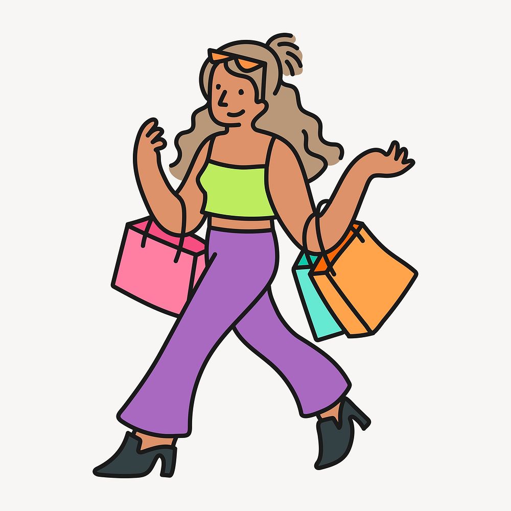 Shopping woman sticker, hobby creative cartoon doodle psd