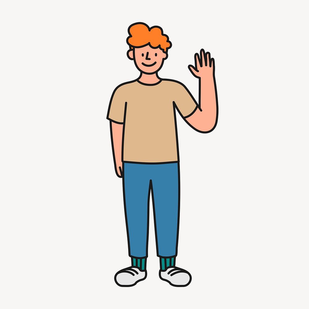 Happy man waving sticker, person creative cartoon doodle psd