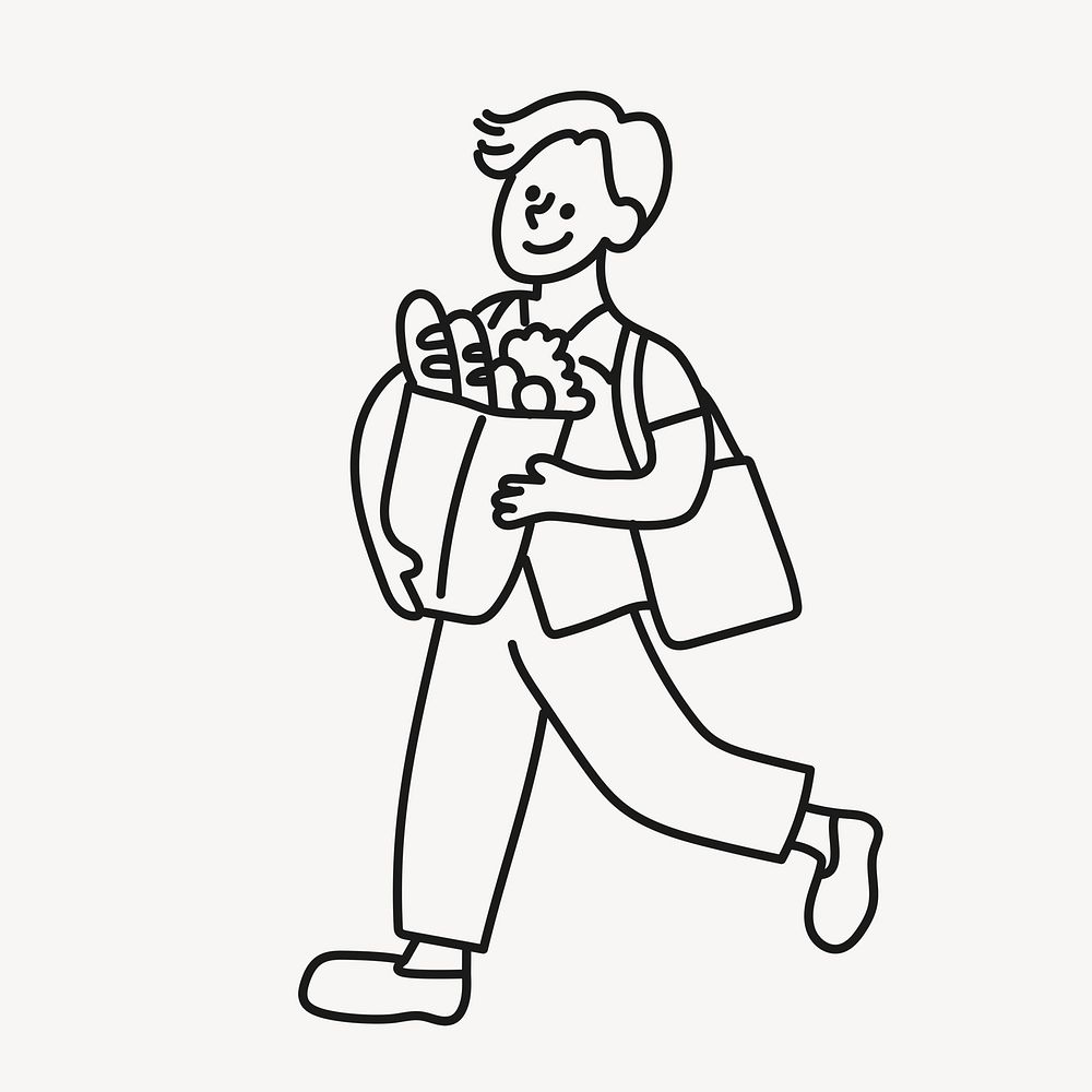 Grocery shopping guy sticker, house chore doodle line art cartoon psd