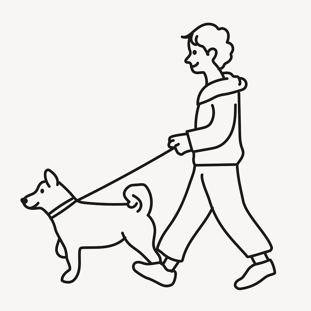 Man walking dog clipart, part-time job line art, character illustration vector