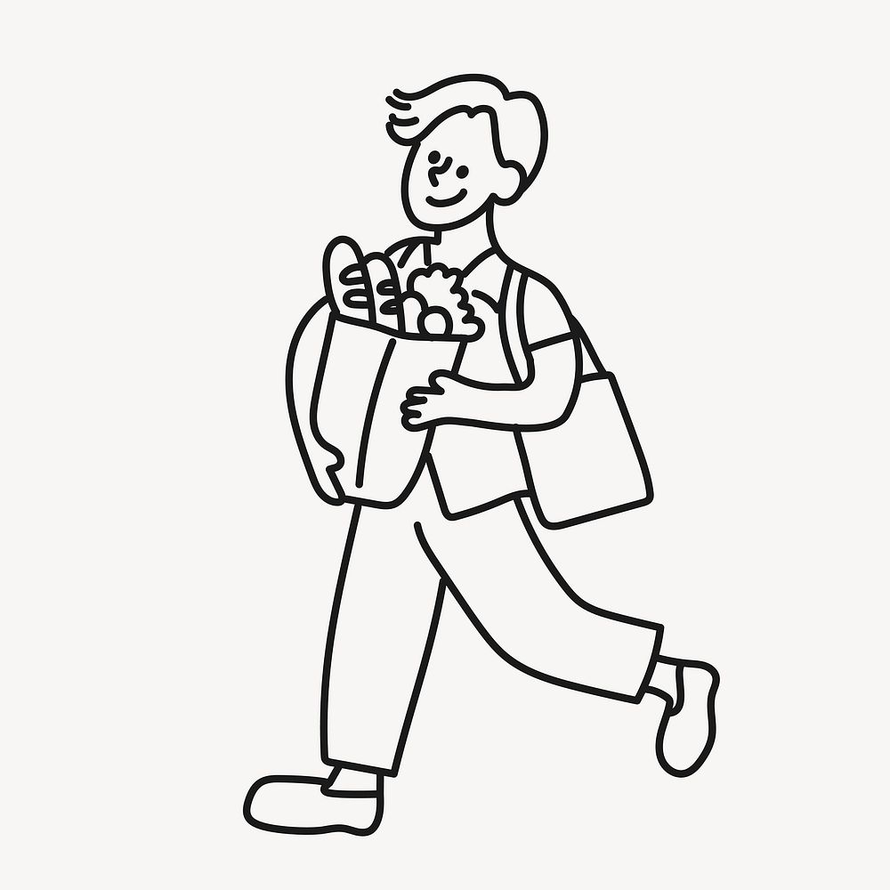 Grocery shopping guy cartoon drawing, house chore line art doodle