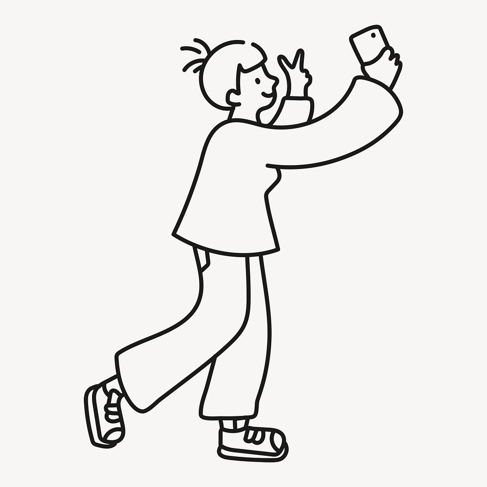 Woman taking selfie sticker, social media doodle line art cartoon psd