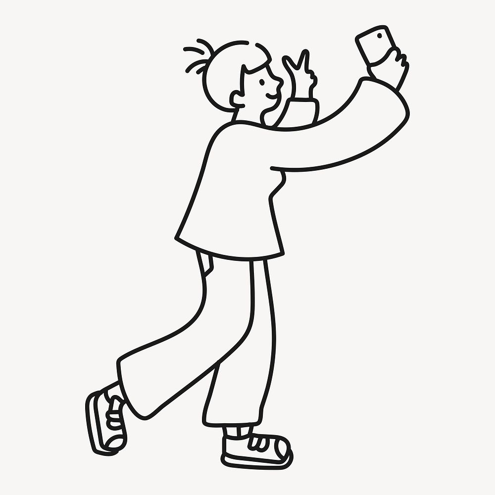 Woman taking selfie clipart, social media line art, character illustration vector