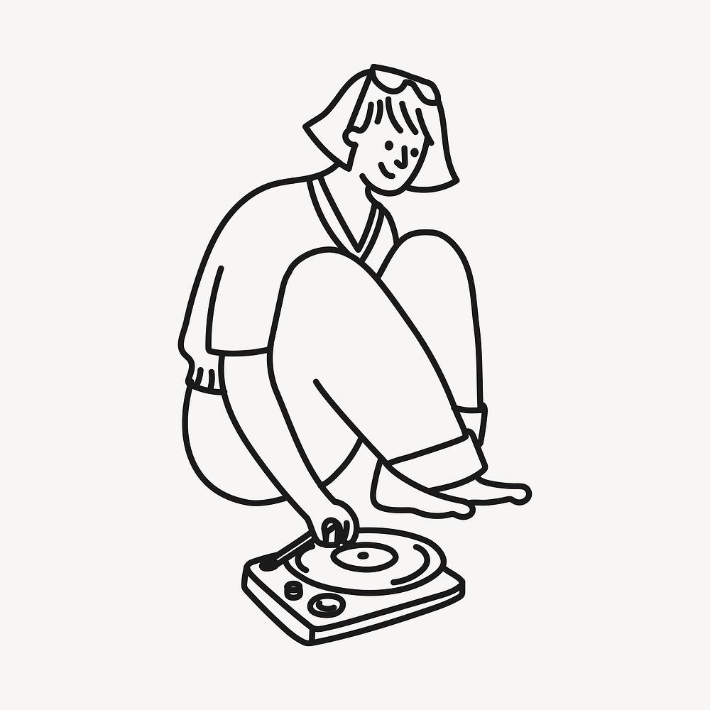 Woman listening to music clipart, hobby line art, character illustration vector