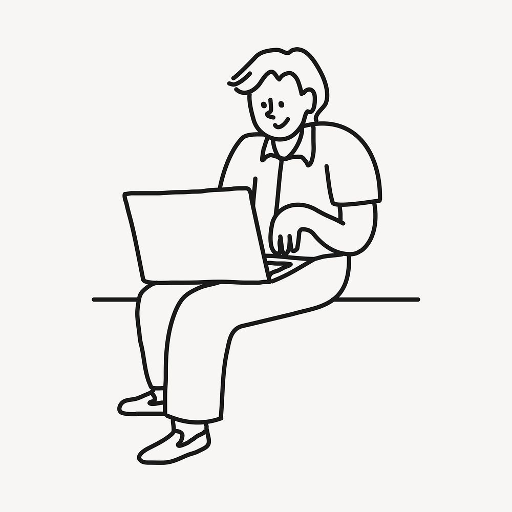 Man working on laptop sticker, job doodle line art cartoon psd