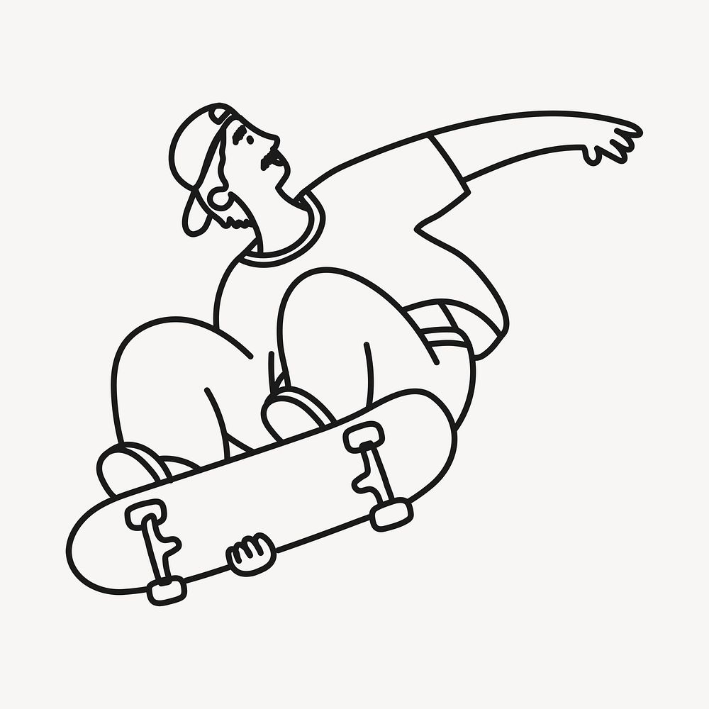 Male skateboarder sticker, hobby doodle line art cartoon psd