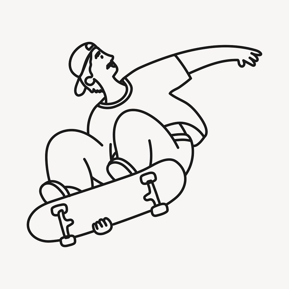 Male skateboarder clipart, hobby line art, character illustration vector