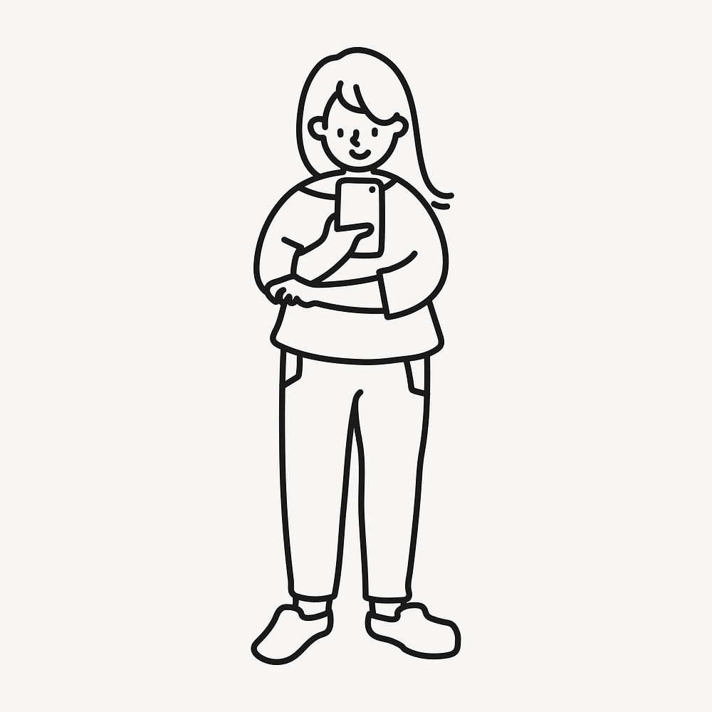 Woman using phone clipart, social media line art, character illustration vector