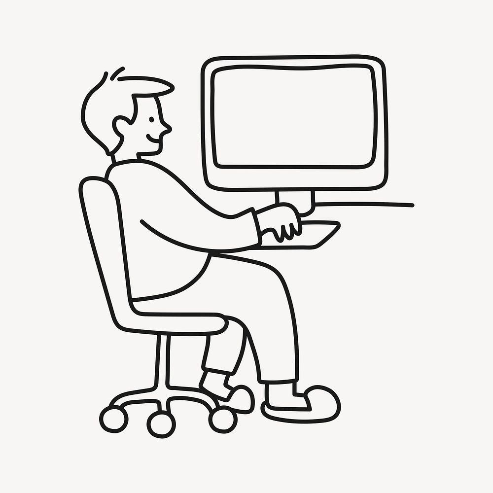 Man working on computer sticker, job doodle line art cartoon psd