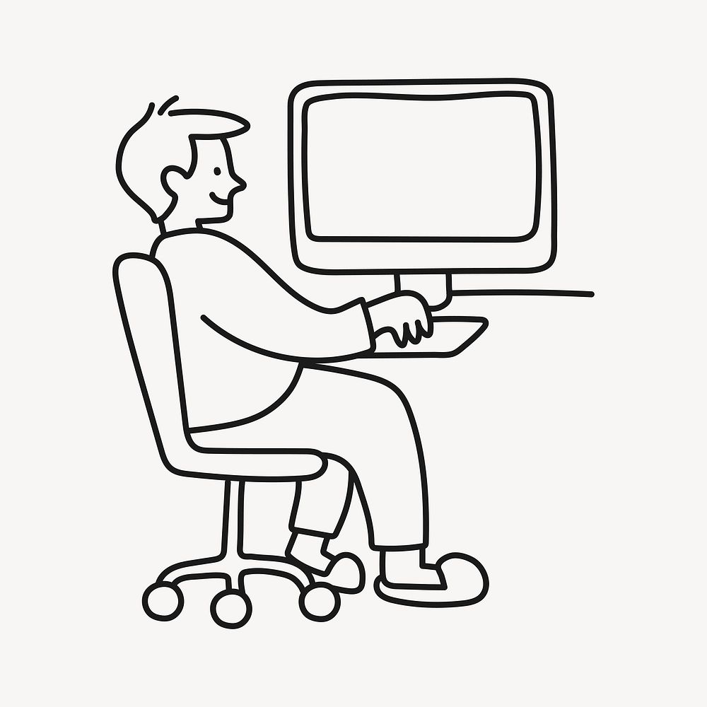 Man working on computer clipart, job line art, character illustration vector
