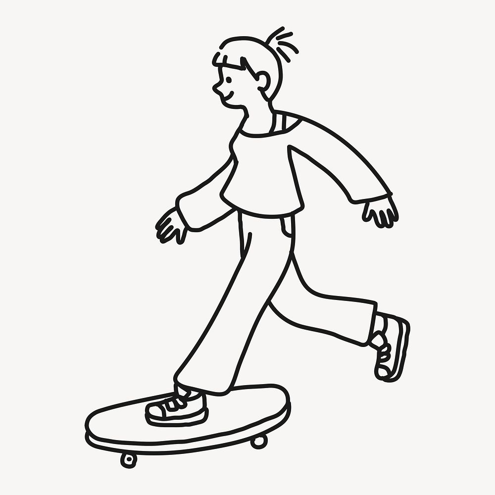 Girl skateboarder sticker, hobby doodle line art cartoon psd
