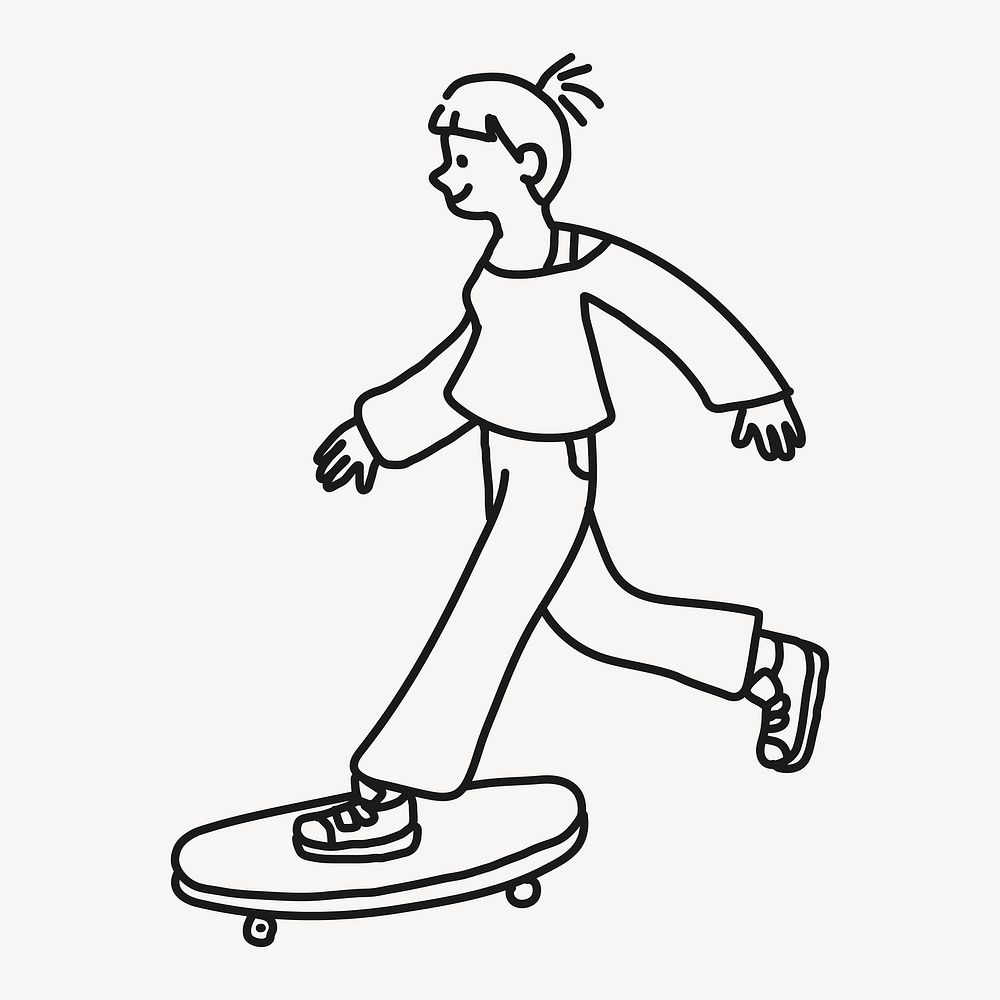 Girl skateboarder clipart, hobby line art, character illustration vector
