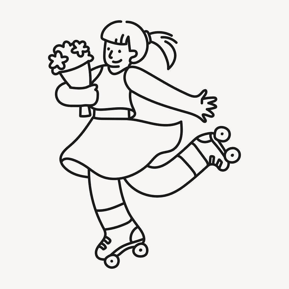 Roller skating girl clipart, hobby line art, character illustration vector