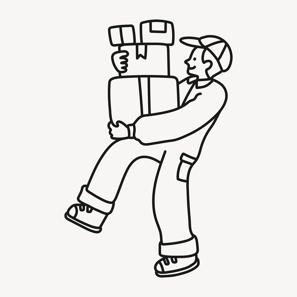 Package delivery man sticker, logistics job doodle line art cartoon psd