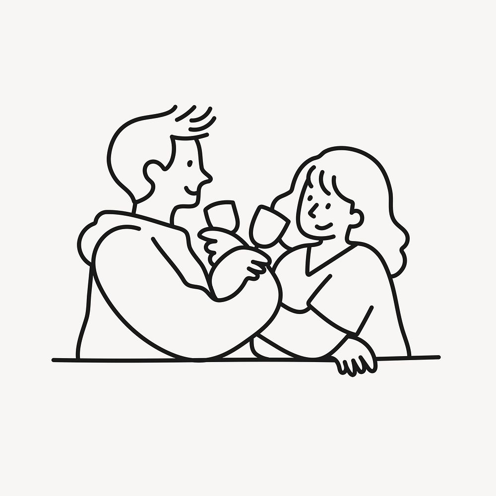 Couple drinking wine doodle clipart, Valentine's celebration line art illustration psd