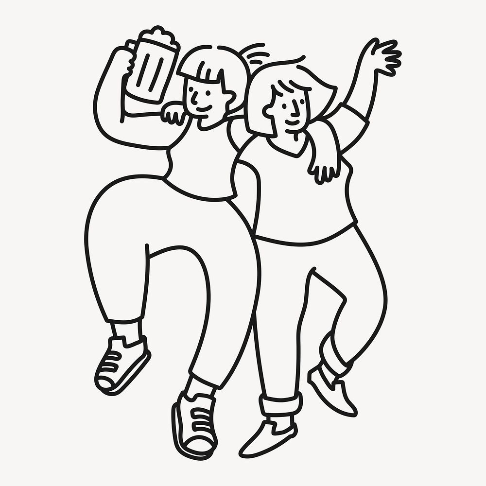 Friends celebrating doodle clipart, party line art illustration psd