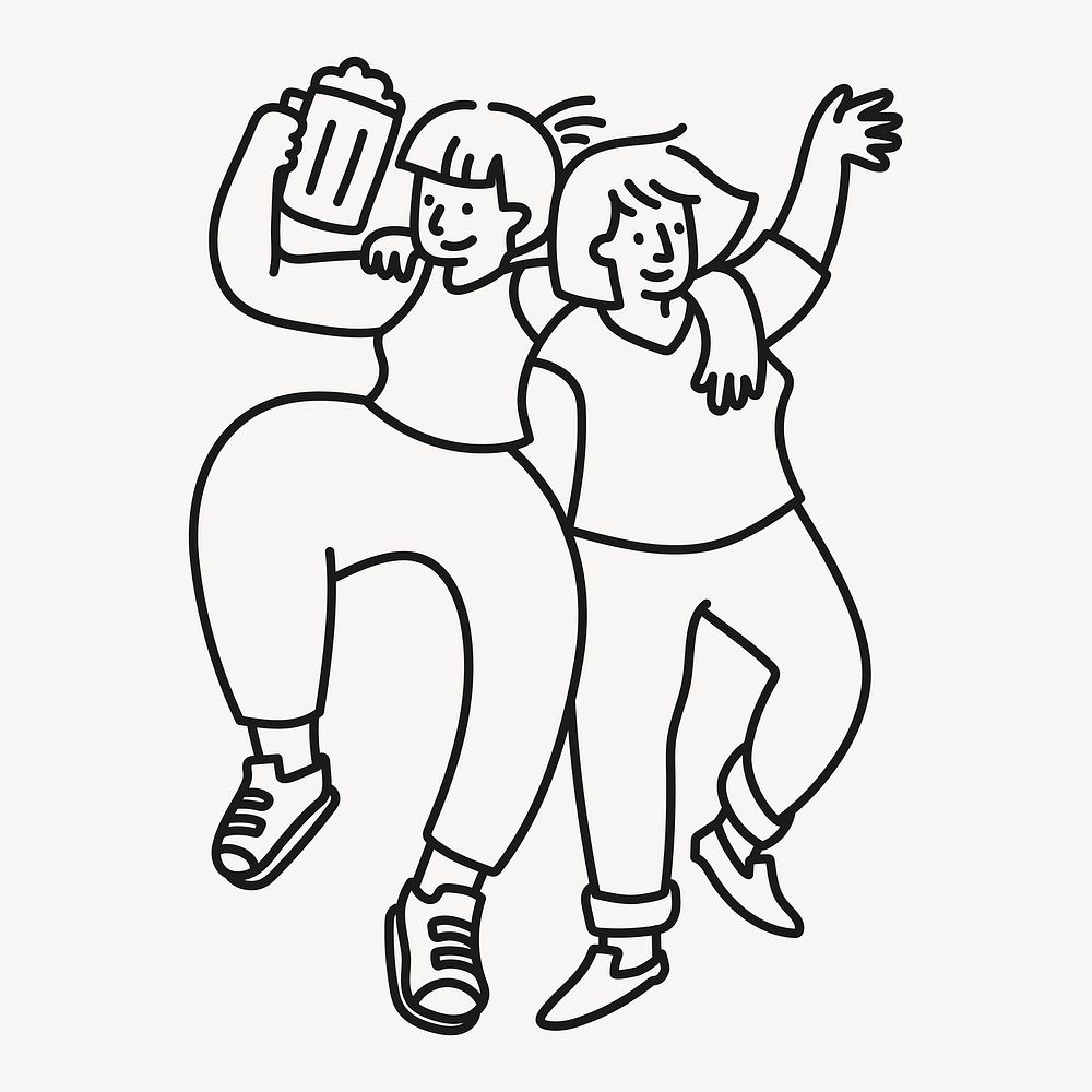 Friends celebrating doodle sticker, party line art illustration vector